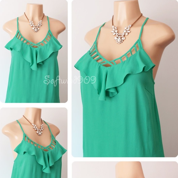 Green Caged Ruffle Racer Back Shift Dress - Picture 2 of 7